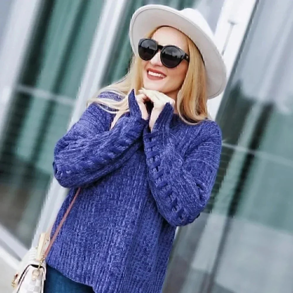 Blue womens lace detail So Soft Chenille Sweater top